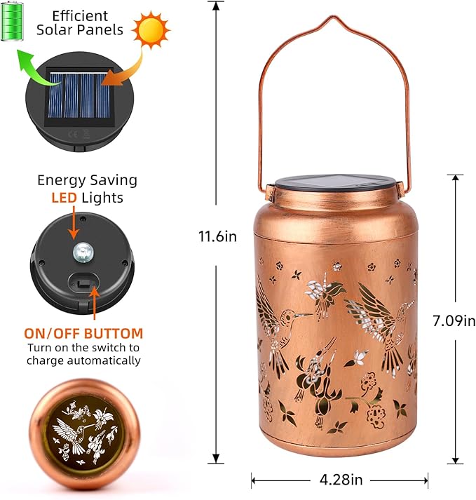 Solar Lanterns Outdoor Waterproof Hummingbird Hanging Solar Lights,Hollowed Metal Lantern Light Decorative for Garden,Patio,Yard,Lawn,Front,Porch Decor Gifts for Women Men Mom 2pack