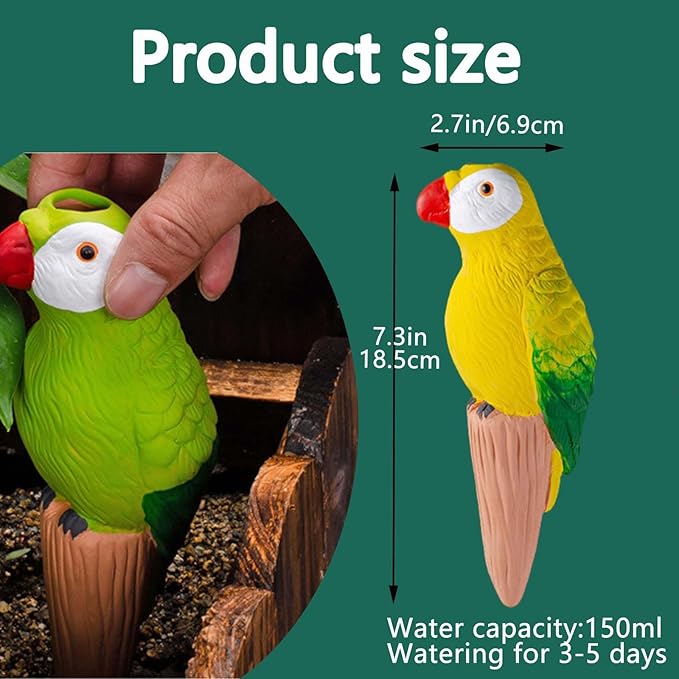 Premium Art 4 Pack Vibrant Parrot Terracotta Plant Watering Spikes, 150ml self Watering Terracotta Spikes Keeps Plants Hydrated 5-7 Days | Tropical Vacation Helper, Gift for Plant Lovers