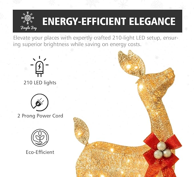 Jingle Joy 3-Piece Large Lighted Christmas Deer Family Set 5Ft Outdoor Yard Decoration with 210 LED Lights, Stakes, Zip Ties (Gold)