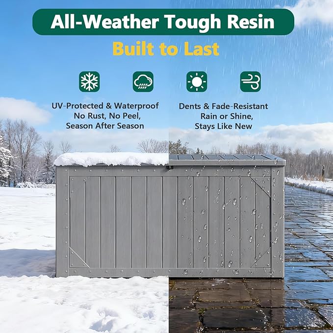 MAKE CHANGES Outdoor Storage Box, 100 Gallon Deck Box Outdoor Storage Bench Outside Waterproof Resin Storage Bench, Lockable Patio Cushions, Garden Tools Storage For Furniture, UV Resistant(Gray)