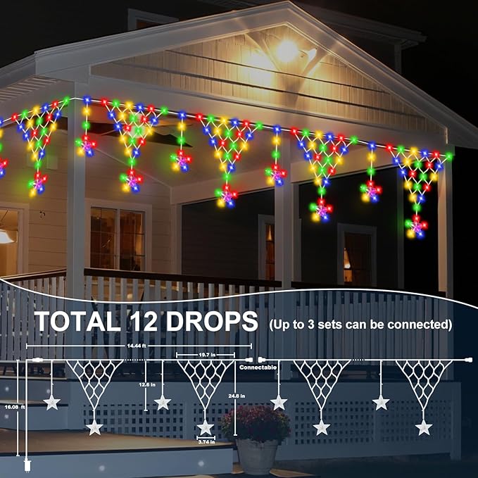 Outdoor Christmas Decorations Lights 13.8ft 200 LED Christmas Lights with 12 Stars,Dimmable Curtain Fairy Light with 8 Modes for Wedding Party Holiday Christmas Decor(RGB)
