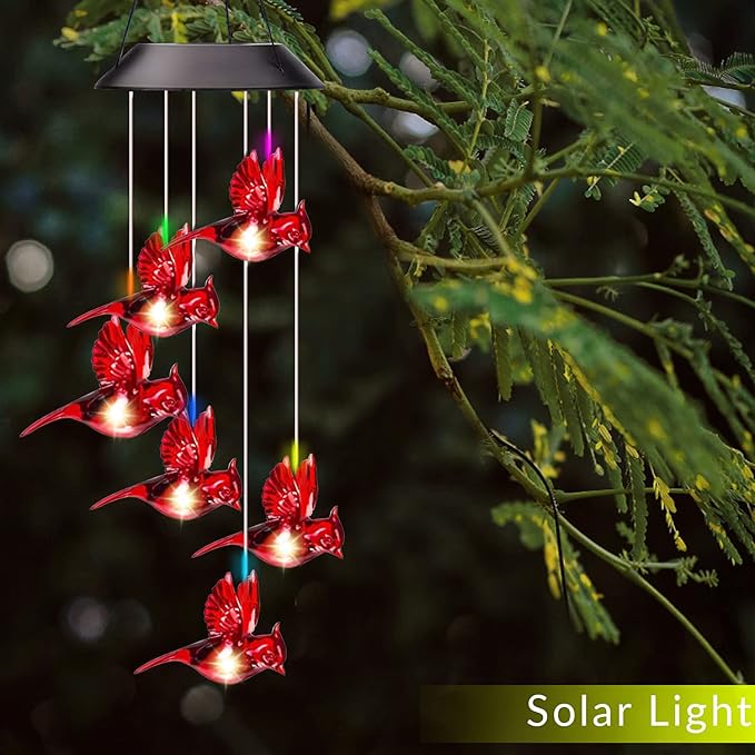 Solar Wind Chimes Cardinal Bird,Solar Cardinal Red Bird Wind Chime Light, with 6 Vivid Hummingbirds Multicolor Led Light，Holidays, Courtyards, Decorations As Gifts… (Cardinal)