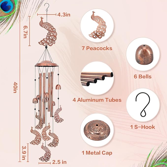 Peacock Wind Chimes for Outside,Peacock Gifts for Women/Men/Sympathy Gift/Memorial Gifts/Birthday Festival Metal windchimes Outdoors/Indoors,Patio,Garden Decor,Home,Porch,Yard