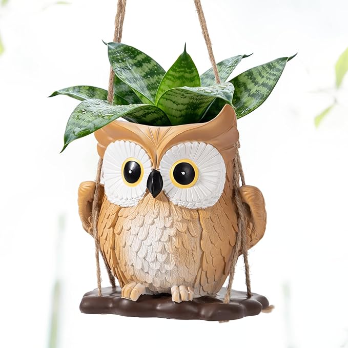 QCQHDU Swing Owl Hanging Pots with Drainage Hole, Small Resin Succulent Plant Planters, Cute Indoor/Outdoor Decor for Balcony Garden Patio, Women Gift Idea, Khaki