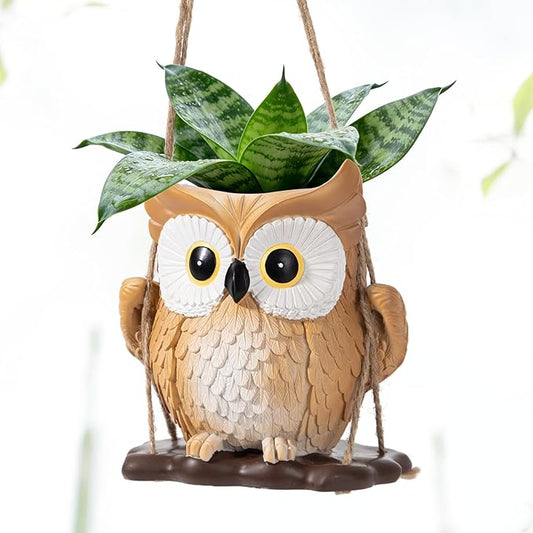 QCQHDU Swing Owl Hanging Pots with Drainage Hole, Small Resin Succulent Plant Planters, Cute Indoor/Outdoor Decor for Balcony Garden Patio, Women Gift Idea, Khaki