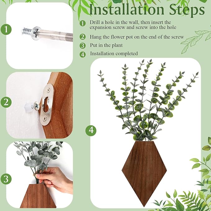 Chunful 2 Pcs Wooden Wall Planter Decor Hanging Fake Plants Greenery Flowers Holder Vase Boxes for Wall Bohemian Farmhouse Room Kitchen Office Indoor Decoration(Walnut Color,7.1 x 4.7 x 1.2 Inches)