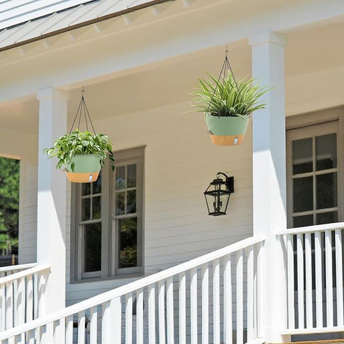 ZMTECH 12 Inch Large Hanging planters for Indoor, 2 Pack Self Watering Plant Pot for Outdoor Garden Porch, Hanging Flower Pot with Visible Water Level & Removable Tray(12Inch, Green)
