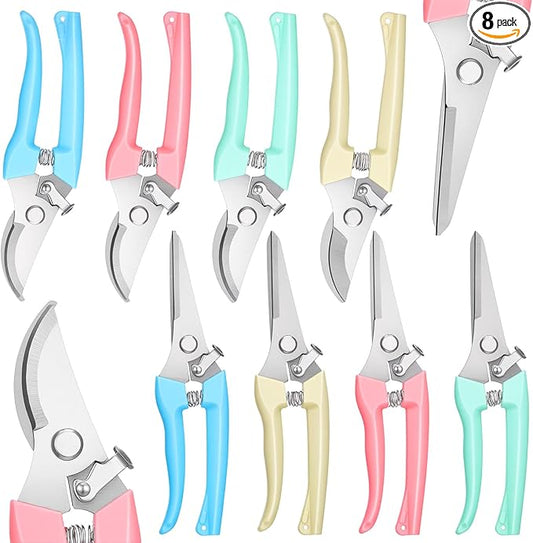 8 Pcs Garden Shears Pruning Scissors Clippers Sharp Hand Pruners for Gardening Tools Cutting Flowers Trimming Plants Bonsai Fruits Picking, 4 Bypass Blade and 4 Straight Blade
