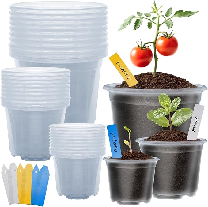Nursery Pots for Plants, 30 Packs Clear Nursery Pots with Drainage, 3/4/5 Inch Plastic Planter Pots Including 30 Plant Labels in Yellow White Blue (30)