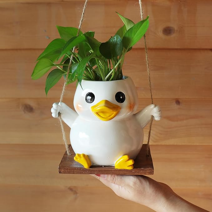 Swing Duck Hanging Planters for Indoor Plants, Cute Succulent Pots with Drainage Hole, Unique Resin Plant Hangers Garden Outdoor Decor, Hanging Plant Holder for String Of Pearls, Gift Ideas for Mother