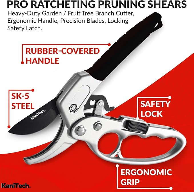 KaniTech Pruning Shears for Gardening with Gloves - Heavy Duty Garden Shears, Aluminum Hand Pruners with TPR Grip Handle, 8 inch 3.55mm Thick Blade - for Branches, Flowers & Plants (Black Set of 2)