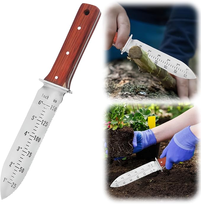Garden Shovel Saw,Multifunctional Manual Weeding Tool for Weeding,Digging,Pruning,Cultivating, 7" Stainless Steel Blade with Sheath, Full-Tang Wood Handle with Hanging Hole (red)