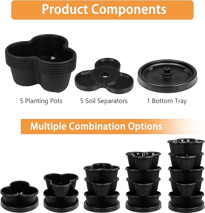 VECELO 5 Tier Vertical Garden Planter, Self Watering Stackable Planters with Wheels for Strawberries, Herbs, Flowers, Vegetables, Black