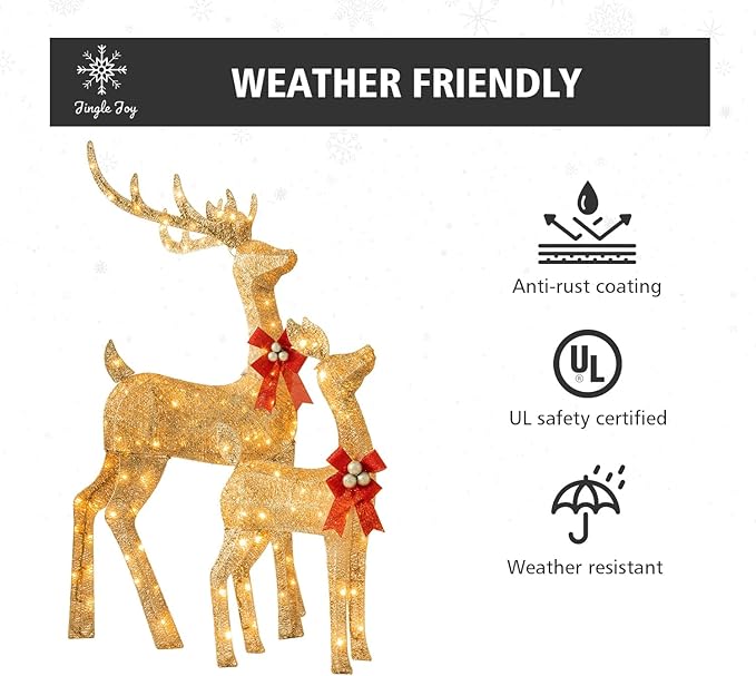 Jingle Joy 3-Piece Large Lighted Christmas Deer Family Set 5Ft Outdoor Yard Decoration with 210 LED Lights, Stakes, Zip Ties (Gold)