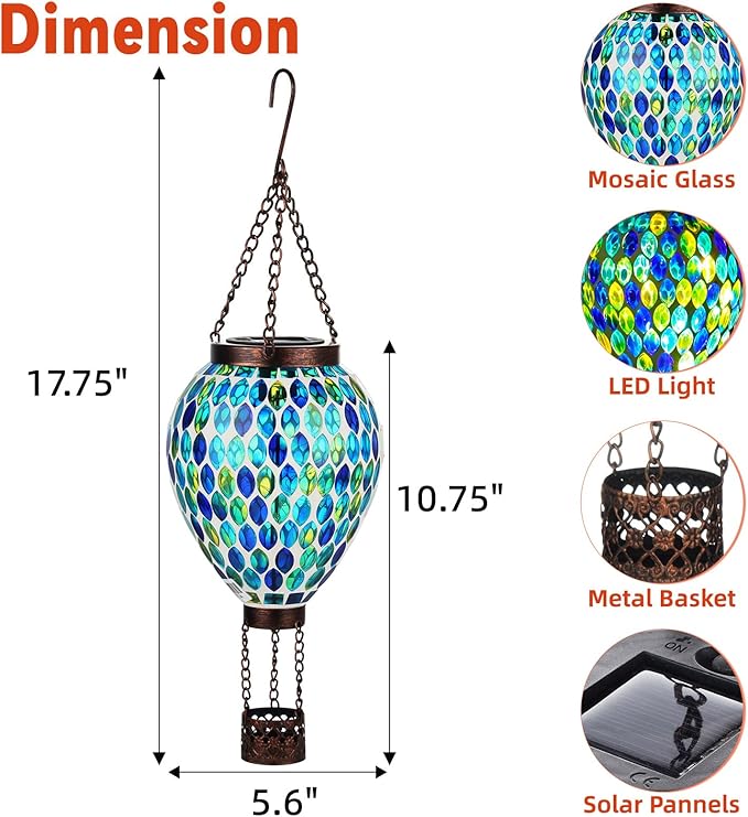 VOREEN Hot Air Balloon Solar Lantern, Handmade Mosaic Solar Outdoor Hanging Wind Light, Waterproof, Patio Festive Decor, Gift for Mom Wife Friend, Blue