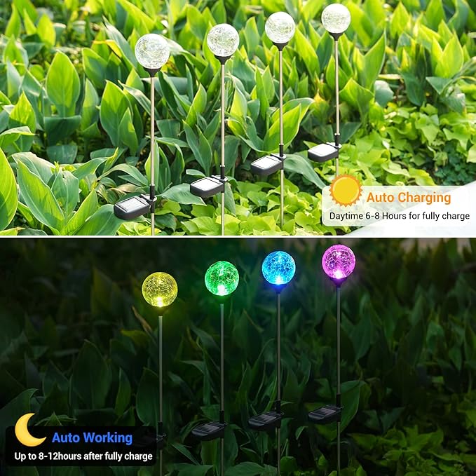 Solar Outdoor Lights, 6 Pack Christmas Solar Stakes Crystal Cracked Glass LED Garden Globe Light Outdoor Waterproof, Color-Changing Auto On/Off, Pathway Lights for Landscape Patio Yard Decorations