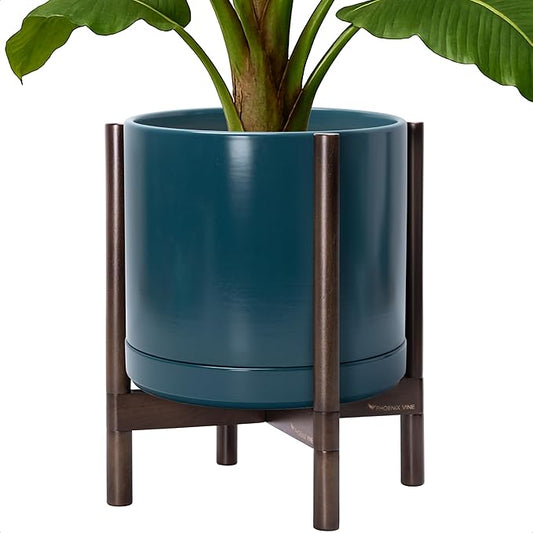 D'vine Dev Ceramic Planter with Walnut Color Stand - 14 Inch Modern Round Flower Pot with Wood Planter Holder, Teal, 55-B-T-4