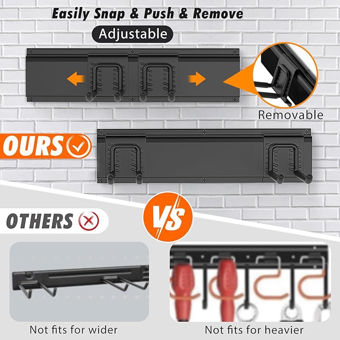 Housolution Heavy Duty Garden Tool Organizer 64 Inch - 18Pack Carries 570 lbs, Garage Tool Organizer Storage System, 4 Rails with 12 Adjustable Hooks, Tool Holder Wall Mount for Warehouse, Workshop