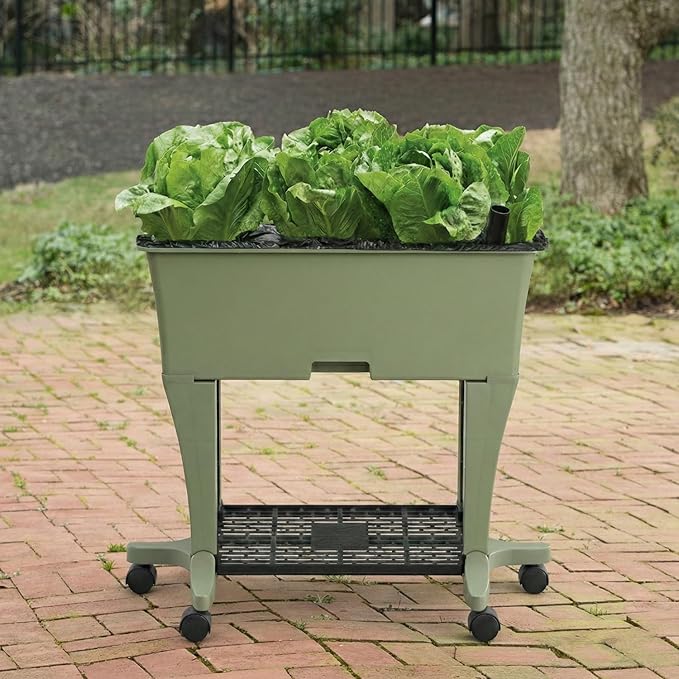 EarthBox Raised Garden Bed with Legs – Elevated Self Watering Planter Box with Wheels, Storage Shelf, Premium Plant Food, Easy Assembly, Made in USA, Sage