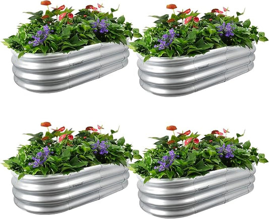 4-Pack 4 * 2 * 1FT Raised Garden Bed Kits, Outdoor Oval Metal Galvanized Ground Planter Garden Boxes for Planting Plants Vegetables Flowers Herbs Fruits, Silver