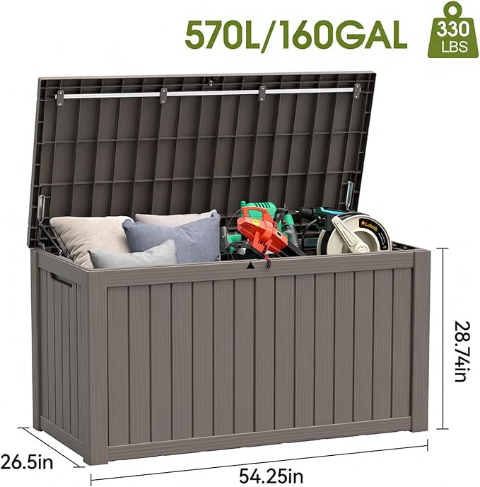 NBYSGO Outdoor Storage Box, Resin Deck Boxes Indoor and outdoor, Waterproof Storage Box Lockable Lid (Grey, 160 Gallon)