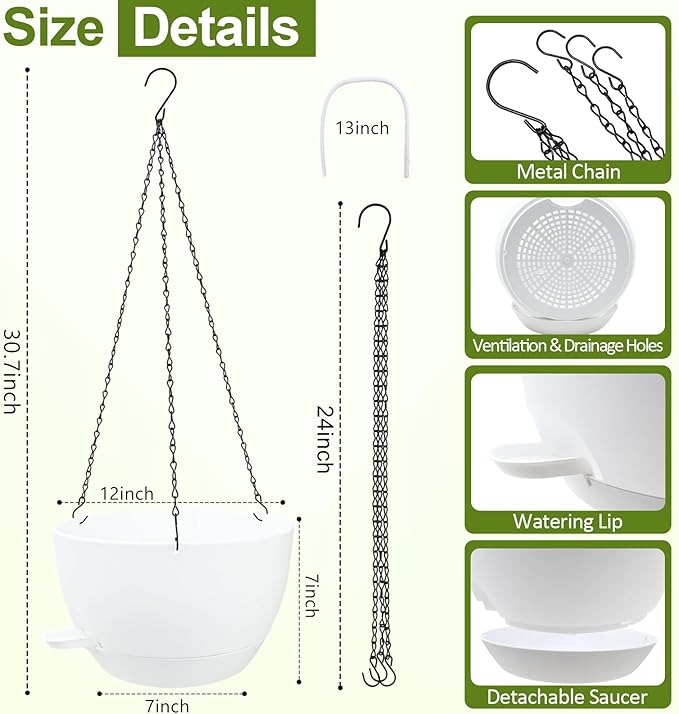 WOUSIWER Self Watering Hanging Planters, 2 Pack 12'' Plastic Pots with Drainage Holes & Reservoir Tray (White) | Indoor & Outdoor Use for Ferns, Ivy, Herbs, Succulents