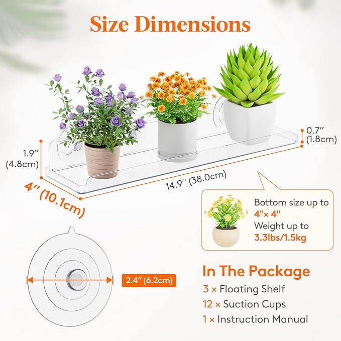 Lifewit Window Plant Floating Shelves 15 x 4 inch, 3 Pack Acrylic Suction Cup Shelf, Window Sill Extender for Indoor Succulent Plants, Micro Greens, Seed Starter Pots, Herb Planters