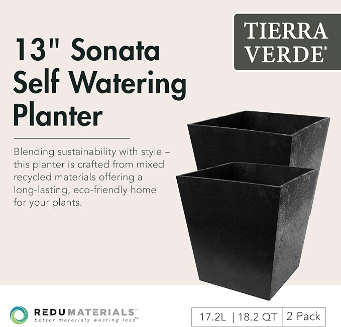 Tierra Verde 2-Pack Indoor & Outdoor Self-Watering Square Planters, Small, Sonata, Black - Planter Containers for Plants and Flowers - Gardening and Landscaping Accessories