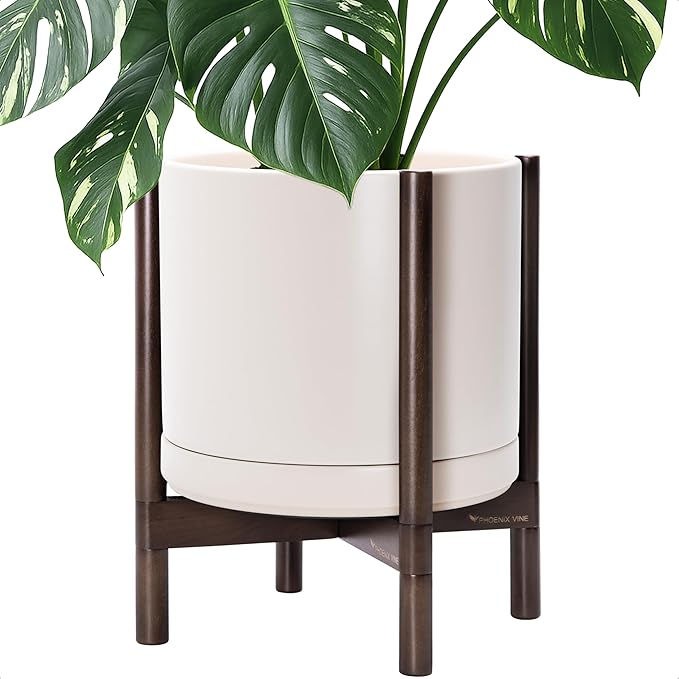 D'vine Dev Ceramic Planter with Walnut Color Stand - 14 Inch Modern Round Flower Pot with Wood Planter Holder, Oatmeal, 55-B-T-8