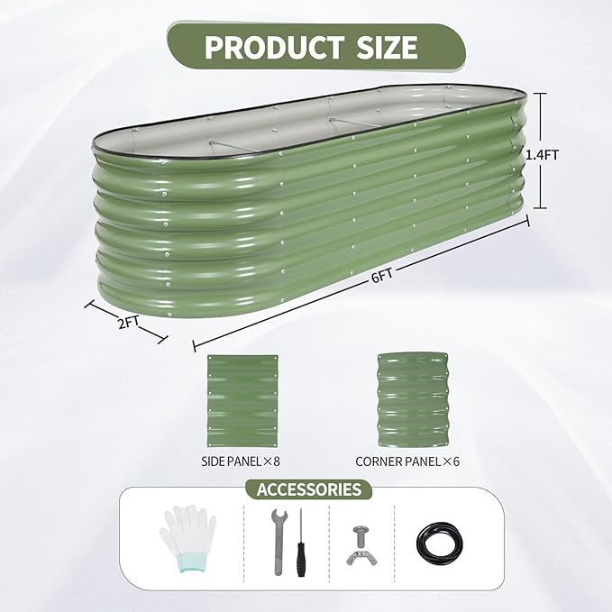 Permade Galvanized Raised Garden Bed - 8x2x1.4FT Metal Planter Boxes Outdoor | Oval Steel Raised Bed Kit for Gardening with Protective Tape, Bracing Rods, Gloves for Vegetables, Flower, Herb (Green)