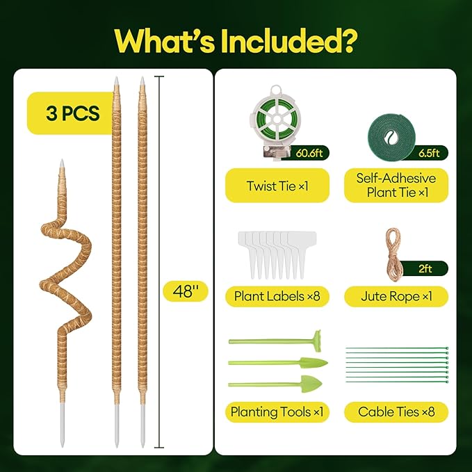 Maygrove 3-Pack 48” Bendable Moss Pole Monstera Plant Support for Climbing Indoors Plants, Coir Moss Poles Moss Sticks Plant Pole DIY, Plant Support Stake for Potted Plants