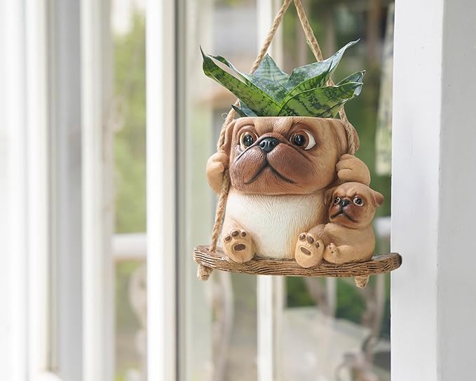 Swing Dog Hanging Planters for Indoor Plants, 6.3 Inch Hanging Baskets for Plants Outdoor, Small Succulent Pots with Drainage Hole, Resin Plant Hangers Outdoor for String Of Pearls, Gift for Mom