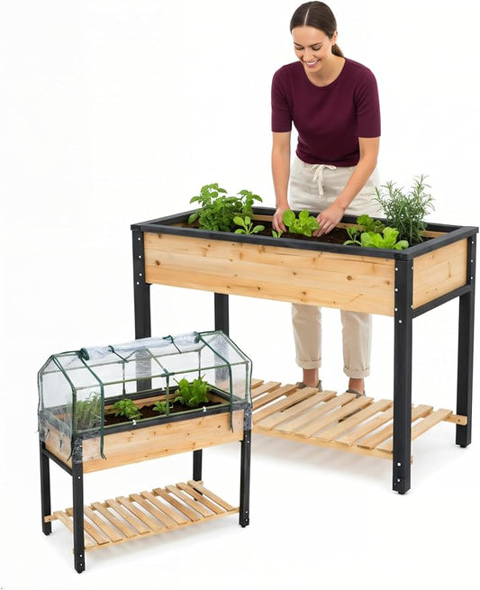 GOJ Raised Garden Bed Wood 48x24x32 inch with Greenhouse & Lockable Wheels - Elevated Wood Planter Box for Outdoors Vegetable Flower Bed Herb Planter - 400 lbs Capacity