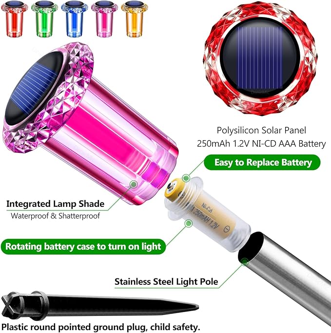 DenicMic Solar Lights Outdoor 10 Pack Waterproof Color LED Stainless Steel Stake Outside Lights for Yard Pathway Garden Driveway Walkway Landscape Path Lighting Christmas Decorations