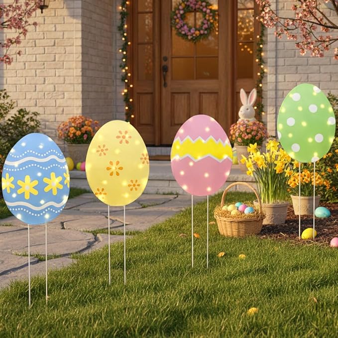 EAMBRITE Easter Decorations Outdoor Easter Egg Egg Lights, 3-in-1 Lighted Eggs Stake/Hanging/Table with Timer for Yard Signs, Lawn, Home, Pathway, Garden, Spring, Indoor Outside Decor