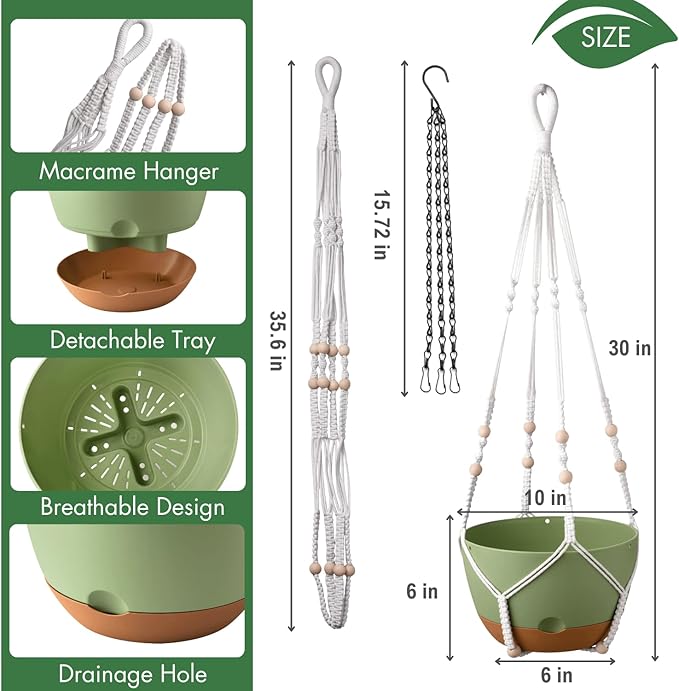 10 Inch Hanging Planters for Indoor Plants,Set of 2 Hanging Pots for Plants with Self-Watering, Outdoor Hanging Plant Pot with Drainage and 2 Kinds of Hanging Baskets Hangers for Home Decor and Garden