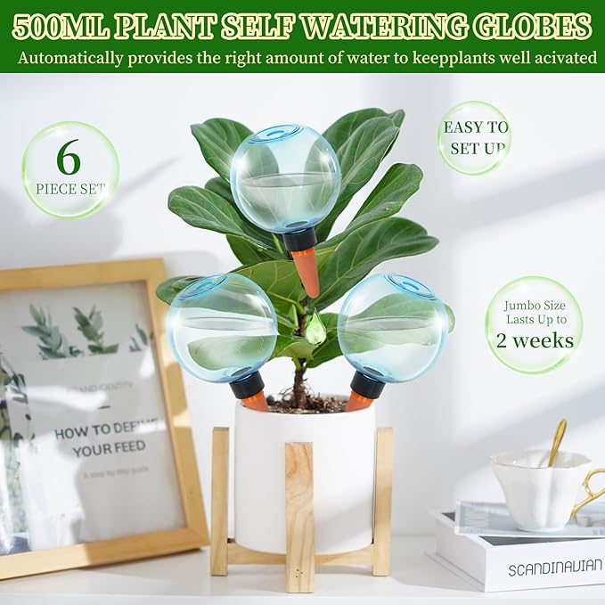 6pcs Large Plant Self Watering Globes, 17.5 oz Plastic Water Bulbs Top Fill, Plant Watering Devices System Slow Release Terracotta, Water Spikes Stakes for Indoor(6pack)