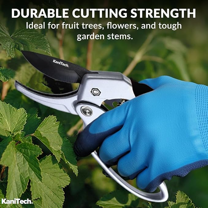 KaniTech Pruning Shears for Gardening with Gloves - Heavy Duty Garden Shears, Aluminum Hand Pruners with TPR Grip Handle, 8 inch 3.55mm Thick Blade - for Branches, Flowers & Plants (Black Set of 2)
