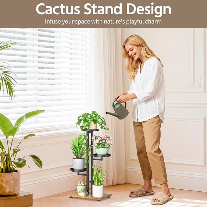 LASZOLA Black 3 Tiered Plant Stand Indoors Heavy Duty Metal Rack, Sturdy Multi Level Shleving Hold Flowers, Larger House Decorate Ladder for Planting Inside Tree Herb Cactus, Wooden Base, Space Saving