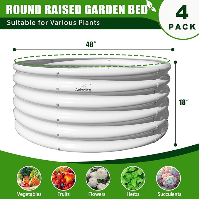 A ANLEOLIFE 4-Packs 4ft x 18” Tall Round Galvanized Raised Garden Beds Outdoor for Planting Vegetables Flowers Herb, Antique White