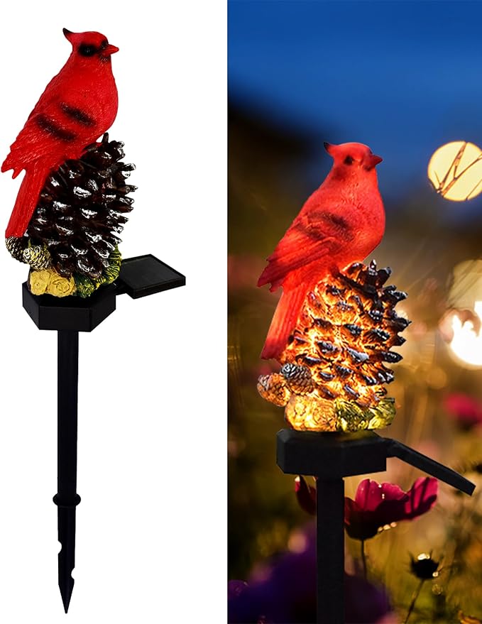 Cardinal Decor Solar Garden Decor Waterproof Red Bird Figurine Solar Stake Lights for Outside Yard Patio Lawn Porch Cemetery