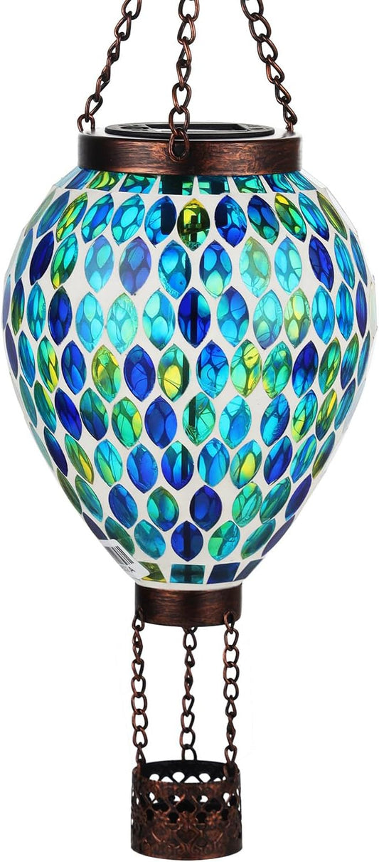 VOREEN Hot Air Balloon Solar Lantern, Handmade Mosaic Solar Outdoor Hanging Wind Light, Waterproof, Patio Festive Decor, Gift for Mom Wife Friend, Blue