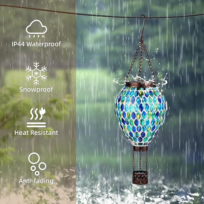 VOREEN Hot Air Balloon Solar Lantern, Handmade Mosaic Solar Outdoor Hanging Wind Light, Waterproof, Patio Festive Decor, Gift for Mom Wife Friend, Blue
