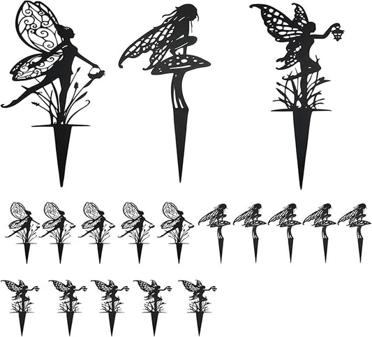 Fairy Garden Stakes, Metal Butterfly and Mushroom Design, 3-Piece Outdoor Decorative Set, Black (18)