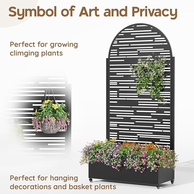 Metal Planter with Trellis& Wheels 72" x 35"x 15.7" Raised Garden Bed with Trellis,Privacy Planters for Patio,Garden Bed for Climbing Plants,Suitable for Climbing Plants and Vegetables,Black