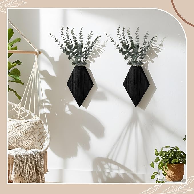 Chunful 2 Pcs Wooden Wall Planter Decor Hanging Faux Plants Greenery Flowers Holder Vase Boxes for Wall Bohemian Farmhouse Room Kitchen Office Indoor Decoration (Black,9.8 x 6.6 x 1.2 Inches)