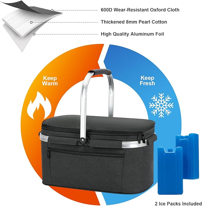 ALLCAMP Picnic Basket - 2 Ice Box Included 32L Insulated Cooler, Thickening Foldable Picnic Basket with Removable Baskets & Sewn-in Frame, Basket for House Warming Gifts New Home(Black)