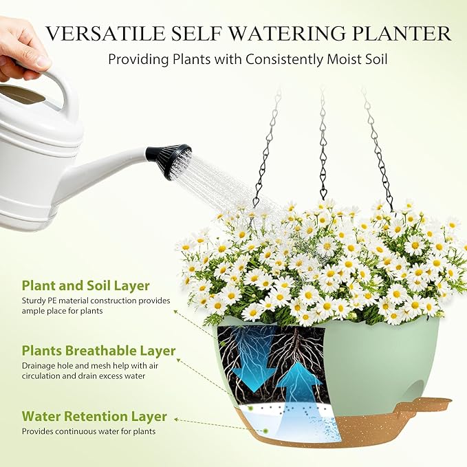 12 Inch Hanging Baskets 2 PC with Chains, Self-Watering Hanging Planters for Indoor Outdoor Plants, Plastic Hanging Flower Pots,Green Brown
