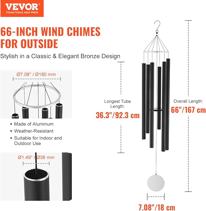 VEVOR 66" Deep Tone Wind Chimes for Outside – Large Memorial Wind Chimes, Sympathy Gifts for Loss of Loved One, Mother, Father, Outdoor Decor for Garden, Patio, Yard, Soothing Melodic Tones