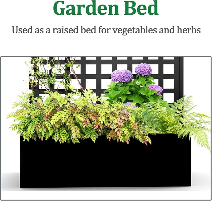 Metal Raised Garden Bed with Trellis, 2 in 1 Trellis with Planter Box & Privacy Screen for Climbing Plants, Vine, Outdoor Standing Flower Beds with Drainage Holes, 35.4" L x 16.7" W x 70.8" H, Black